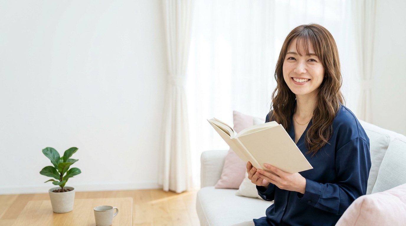 明るいリビングのソファで本を開いて微笑む女性